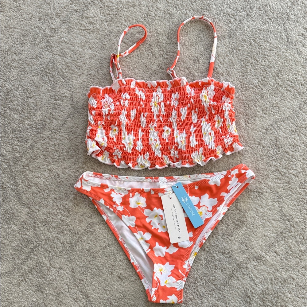 Floral Orange Smocked Bikini Set